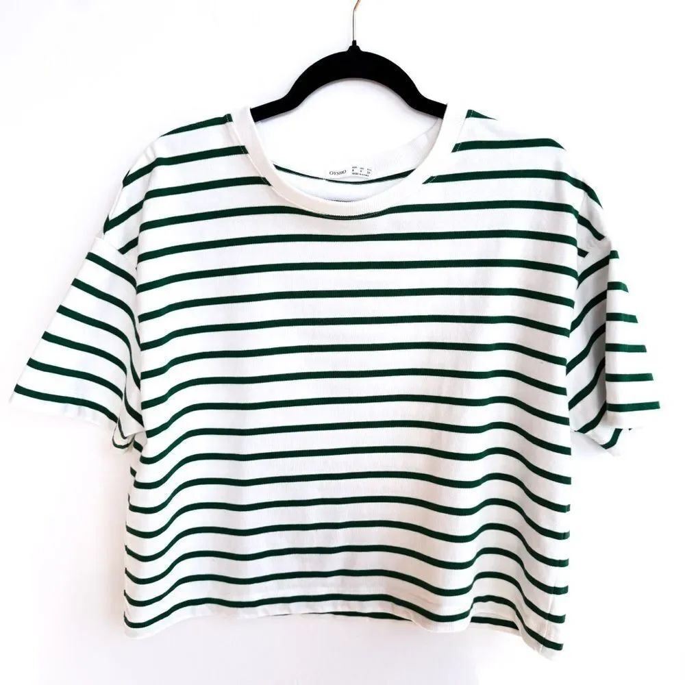 Oysho White Green Striped Cropped 100% Cotton Tshirt Small